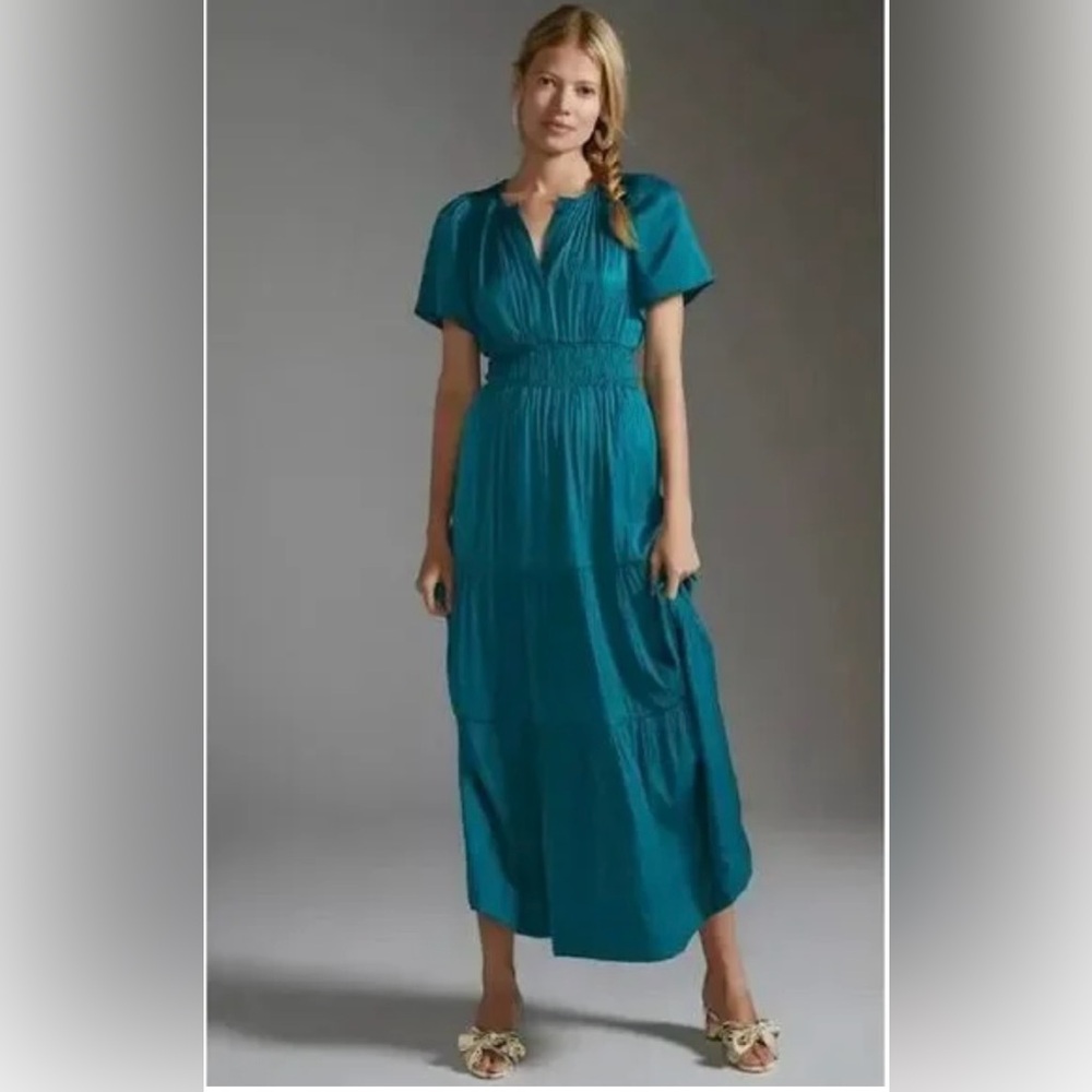 NEW Anthropologie Somerset Satin Maxi Dress S Turquoise